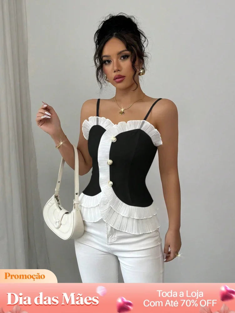 Blusa Social Plissada com Botões e Alças Finas Preto / P Blusa Social Plissada com Botões e Alças Finas
