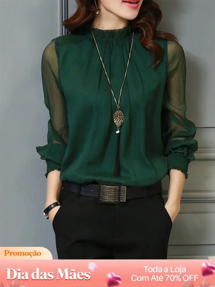 Blusa Social Transparente Manga Longa Com Gola Alta P Blusa Social Transparente Manga Longa Com Gola Alta