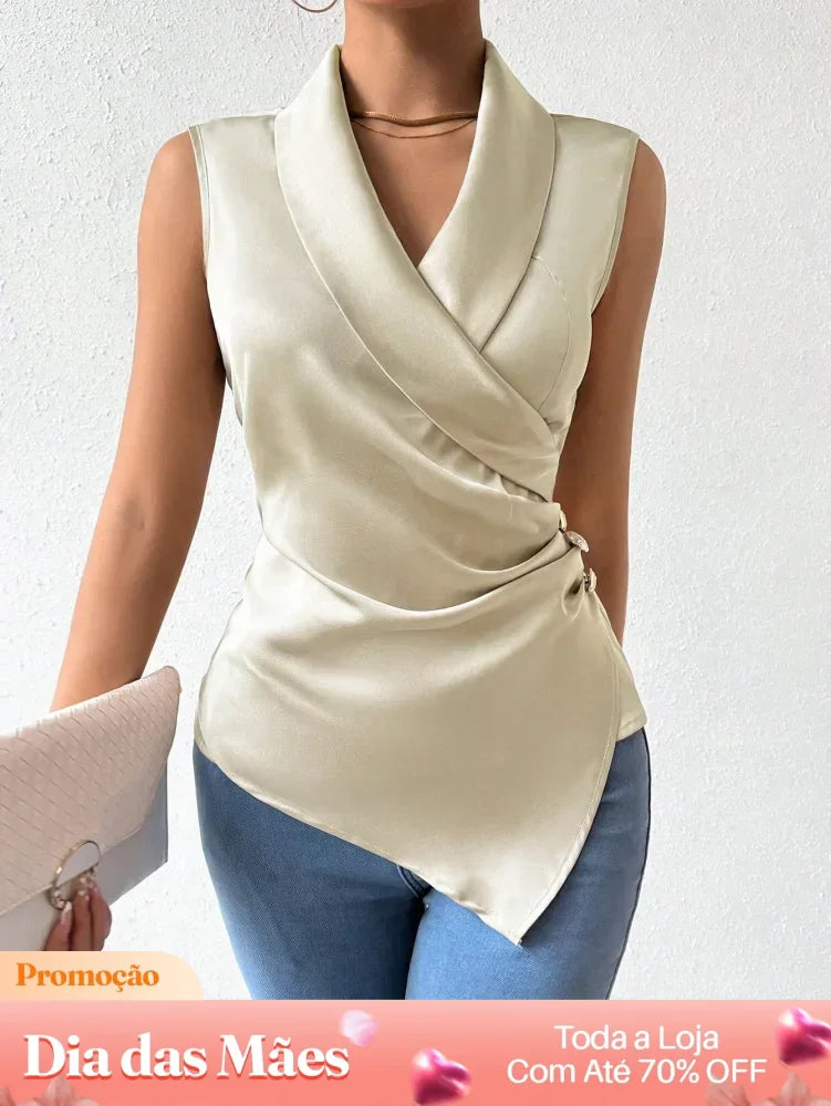 Blusa Social Transpassada Sem Mangas com Detalhe de Fivela Damasco / P Blusa Social Transpassada Sem Mangas com Detalhe