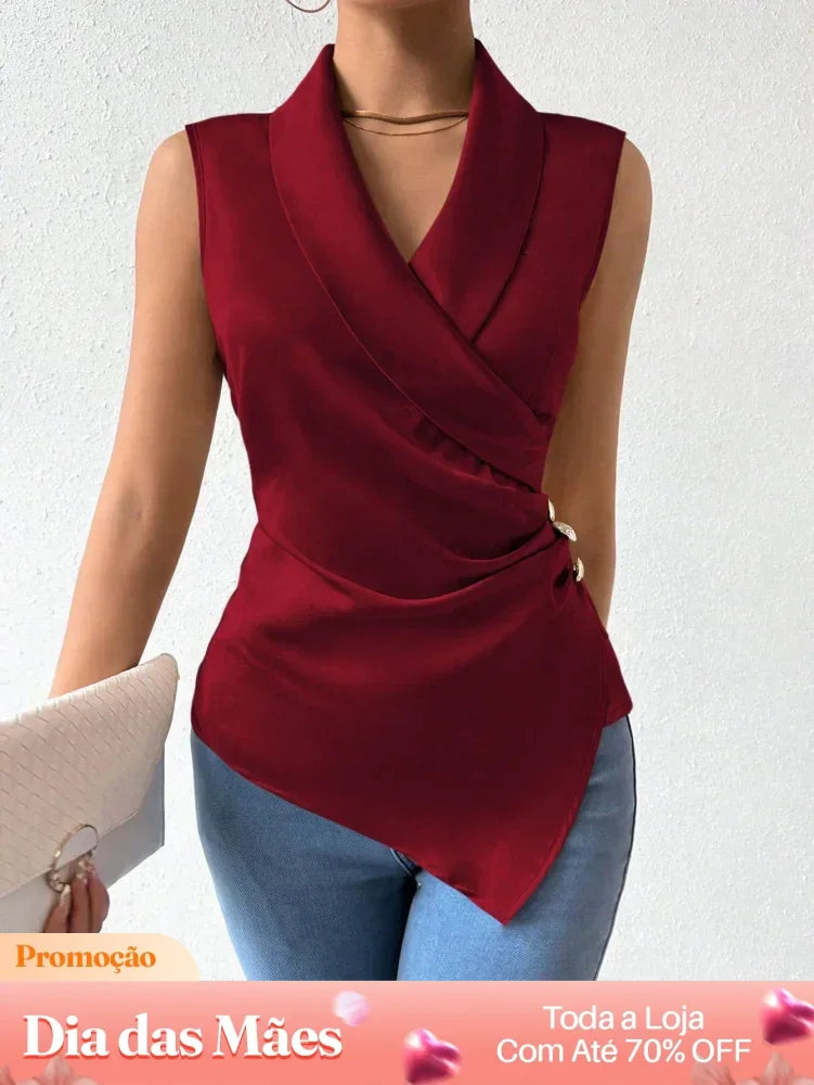 Blusa Social Transpassada Sem Mangas com Detalhe de Fivela Vinho / P Blusa Social Transpassada Sem Mangas com Detalhe