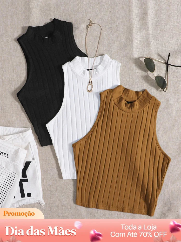 Kit 3 Blusas Cropped Canelada Gola Alta Sem Mangas Kit 01 / P Kit 3 Blusas Cropped Canelada Gola Alta Sem Mangas