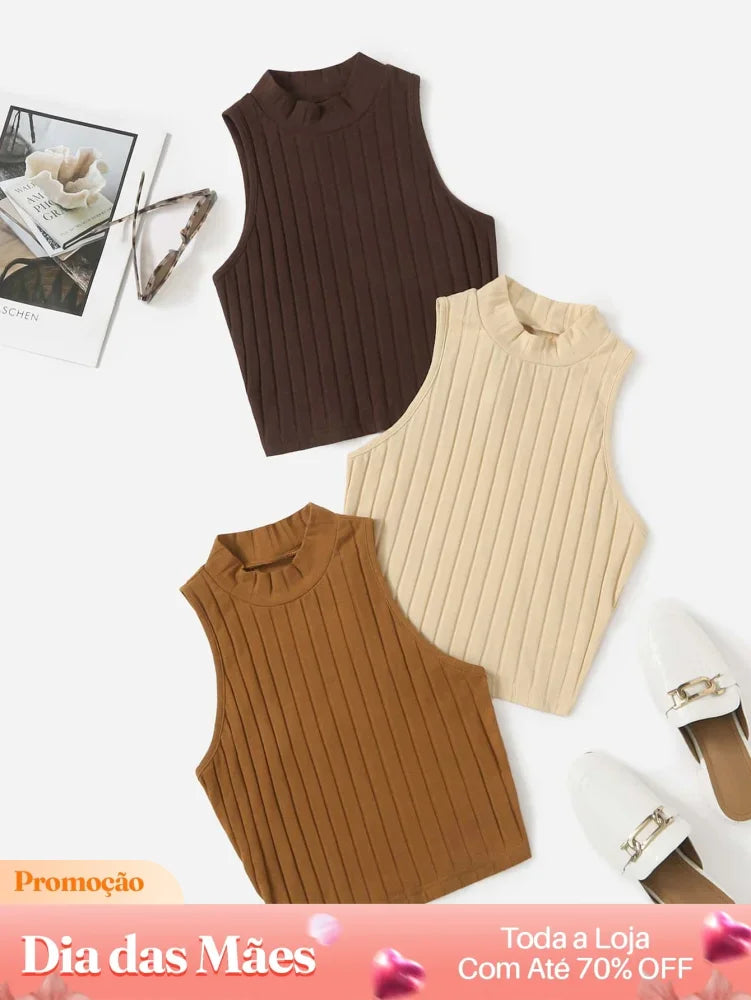 Kit 3 Blusas Cropped Canelada Gola Alta Sem Mangas Kit 02 / P Kit 3 Blusas Cropped Canelada Gola Alta Sem Mangas