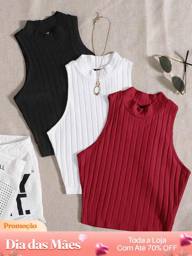 Kit 3 Blusas Cropped Canelada Gola Alta Sem Mangas Kit 03 / P Kit 3 Blusas Cropped Canelada Gola Alta Sem Mangas