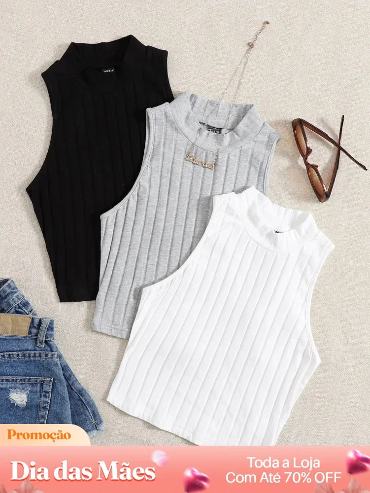 Kit 3 Blusas Cropped Canelada Gola Alta Sem Mangas Kit 04 / P Kit 3 Blusas Cropped Canelada Gola Alta Sem Mangas