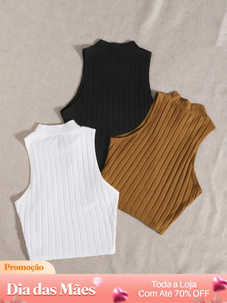 Kit 3 Blusas Cropped Canelada Gola Alta Sem Mangas Kit 3 Blusas Cropped Canelada Gola Alta Sem Mangas
